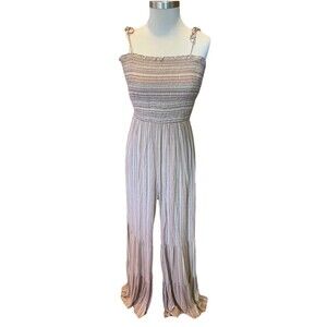 Wisteria Lane Boho Multi Flared Jumpsuit Peach Medium Bell Bottom Festival Hippy
